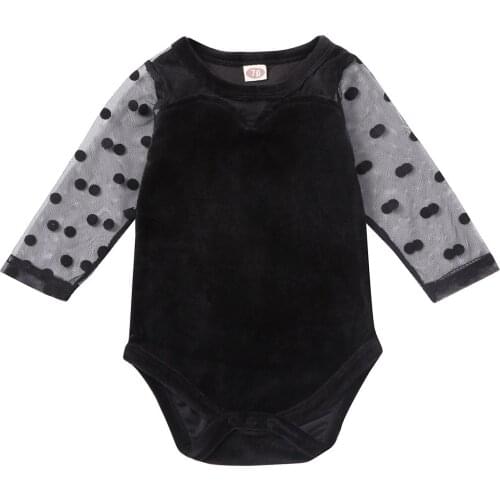 0-18M Infant Baby Clothes Long Sleeve Lace Velvet Romper Bodysuit Overall Outfits 2019 Hot Black Girls Dot Bodysuits