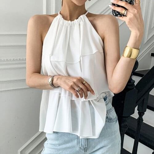 Korea Chic Summer Elegant Round Neck Pearl Halter Neck Design Loose Ruffled Cake Shirt Top Women