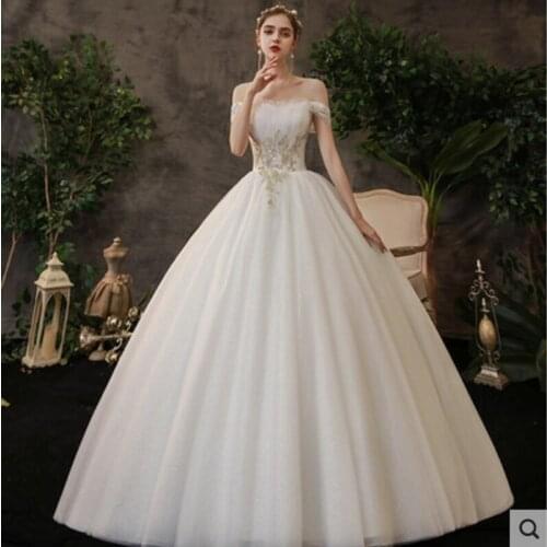 Off The Shoulder Lace Wedding Dress 2021 Romantic Boat Neck Short Sleeve Beading Appliques Bride Dresses Princess Bridal Gowns