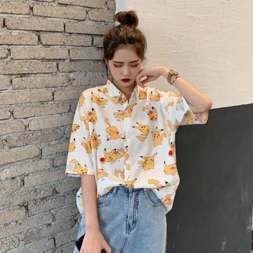 Summer New Korean Womens Chiffon Shirt Tops Fashion Cartoon Street Loose Wild Plus Size Short-sleeved Shirt Blouse Female
