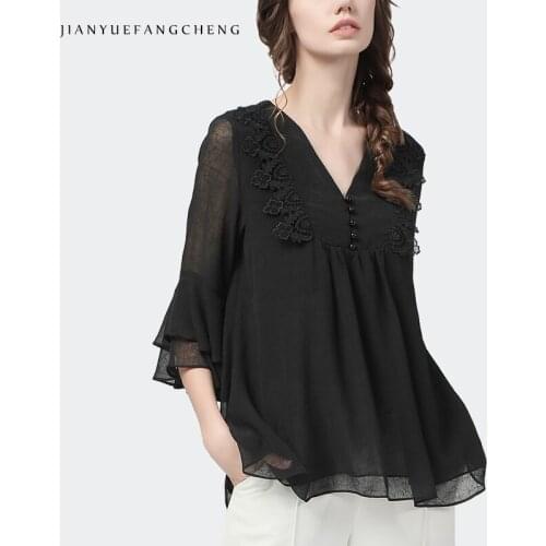 Fashion Flared Sleeve Black Chiffon Top Women Patchwork Design Cover Belly Shirts Loose Beaded Plus Size Ladies Office Blouses