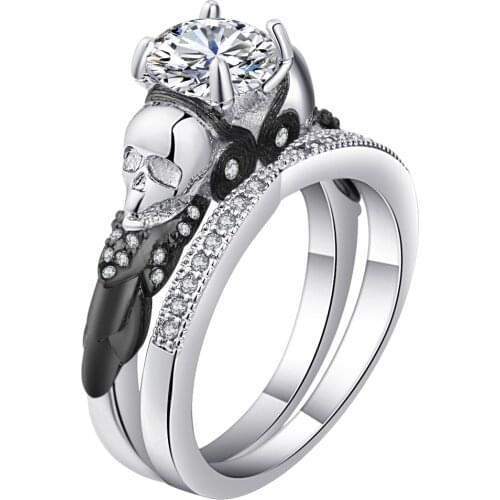 Skull Ring Sets Rhodium Plated big clear cz crystal Womens Wedding promise Ring Punk Female Finger ring Jewelry
