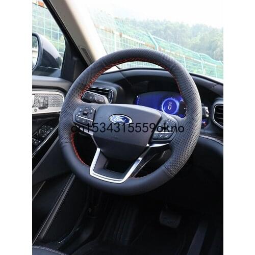 For Ford Explorer 2016-21 DIY Hand Sewn Steering Wheel Cover Anti Slip Leather Cover