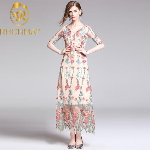 Runway Women Floral 3D Embroidery Dress 2020 Summer Luxury Mesh Patcwhwork Slim Vestidos Vintage V Neck Party A Line Dress