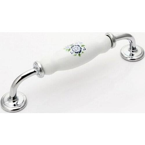 128mm modern fashion rural ceramic wardrobe kitchen cabinet door handle chrome blue flower ceramic drawer cupboard dresser knob