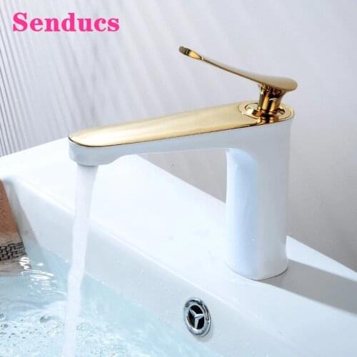 Bathroom Faucets Senducs Solid Brass Basin Sink Faucet White Gold Bathroom Mixer Tap Single Handle Hot Cold Basin Mixer Tap