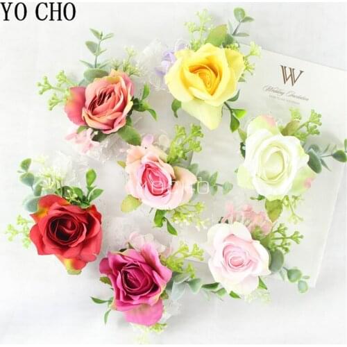 YO CHO Wedding Flower Boutonniere Wrist Corsage Artificial Silk Red Rose Man Brooch Pins Bridal Corsage Party Wedding Buttonhole
