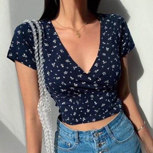 Top T Shirts Womens Aesthetic Slim Expose Navel Crop Top Short Sleeve T-Shirt Retro Floral Print Deep V Neck
