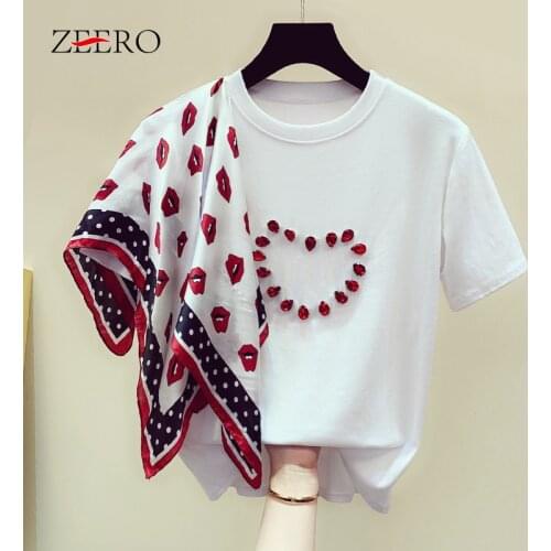 Summer Ladies Loose Polk Dot Print Scarf Patchwork Beaded Short Sleeve T-shirt Women Kawaii White Lips Tees Tops Female T Shirts