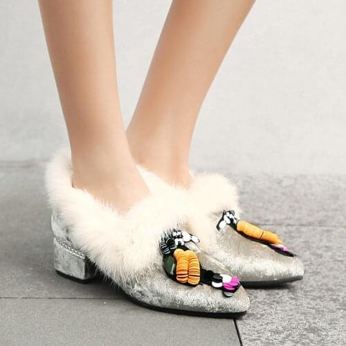 OLOMLB Womens Pointy Toe Velvet Leather Real Rabbit Fur Mules Loafers Block Heel Warm Winter Snow Shoes Furry Plus Size New 2020