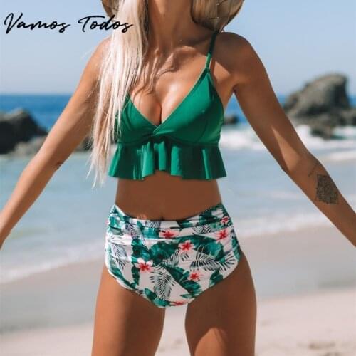 Vamos Todos 2021 Summer Swimming Suit For Women Middle Waist Ruffle Top and Panty Set Beach Bathing 2 Piece Set Swimsuit Bikini