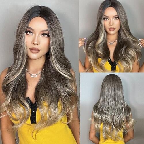 HENRY MARGU Long Ombre Black Brown Blonde Synthetic Wig for Women Afro Middle Part Body Wavy Wig Party Daily Heat Resistant Hair