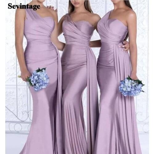 Sevintage Light Purple Satin Evening Dresses Mermaid One Shoulder Long Prom Dress Pleats Plus Size Women 2021 Party Gowns