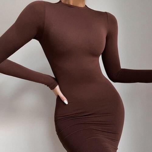 Women Sexy Long Sleeve Round neck collar midi dress y2k Solid Tight Casual Elegant romantic Slim Party dresses winter Bodycon
