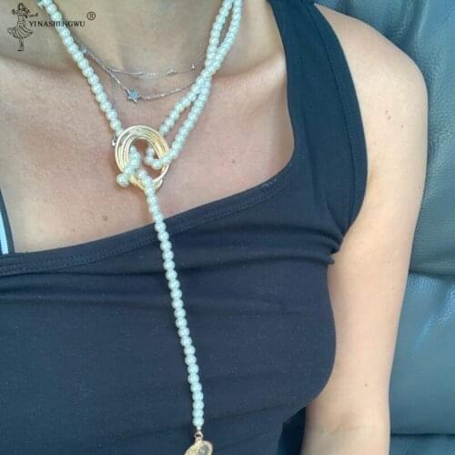 Simulated Pearl Wrap Geometric Metal Necklace for Women Wedding Party Long Pearls Portrait Coin Necklaces Jewelry Bracelet Gift