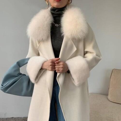 Brand New Popular Design Womens Alpaca Wool Coat With Real Fox Fur Collar Thickening Jacket Female Streetwear