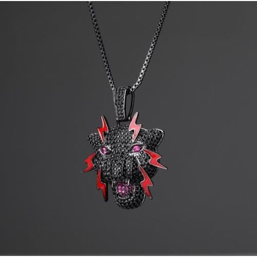Black AAA+ CZ Stone Paved Bling Ice Out Animal Lightning Leopard Pendants Necklace for Men Hip Hop Rapper Jewelry