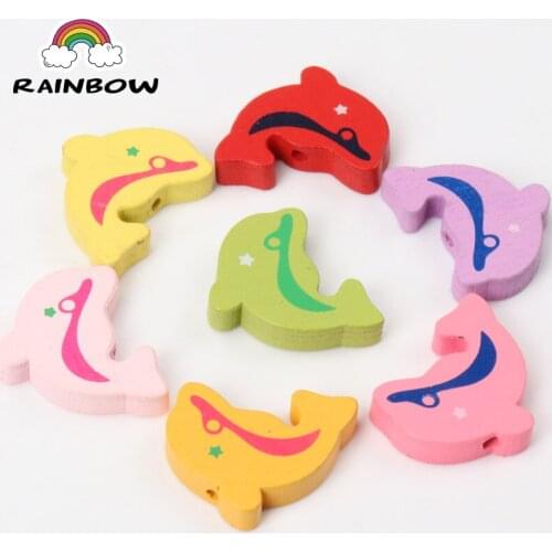 Mixed Colors Dolphin Pattern Wooden Material Spacer Beads Handmake For Jewelry Making DIY 24x18mm 50pcs