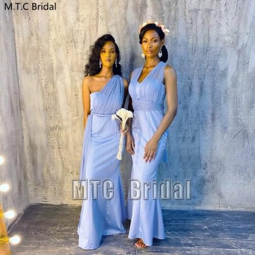 Baby Blue Mermaid African Bridesmaid Dresses Long V Neck Pleat Tulle Maid Of Honor Dress Plus Size Women Wedding Party Gowns