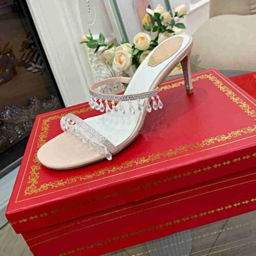 Designer High Heel Slippers Women Bling Rhinestone Slides Clear Crystal Slippers Champagne Sandles Summer Shoes Sexy Sandalias