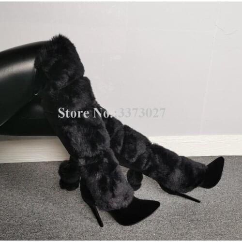 Elegant Lady Fur Long Boots Fashion Women Pointed Toe Cross tied Stiletto Heel Knee High Boots Warm Winter Boots Dropship