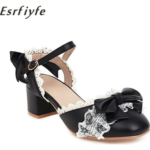 ESRFIYFE 2021 New Sandals Women Thick Heels Square Toe Shoes for Women Buckle Sweet Bowknot Fashion Shoes Party Shoes Large Size