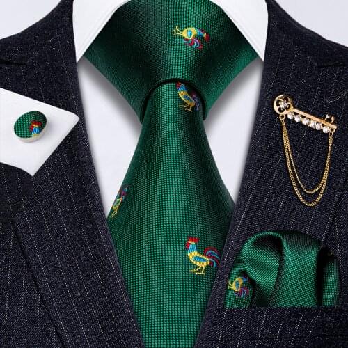 Gold Brooch Cock Green Men Tie Set Silk Handkerchief Ties For Men Gift Wedding Business Barry.Wang Designer Necktie GS-5206