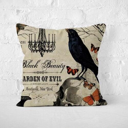 Halloween Retro Home Decor Crow Skull Throw Pillow Covers Printing Pillow Linen Pillow Cushion Cover