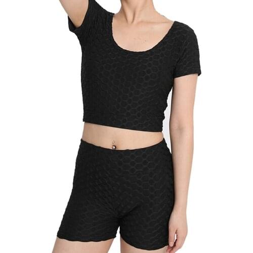 2021 Summer Short-sleeved Solid Color High-waist Hip Bubble Yoga Shorts Fitness Sports Suit Woman Shorts + Short-sleeved Suit