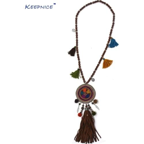 Handmade Leather Tassel Pendents Necklce Wooden Beaded Chain Bohemia Boho Chic Long Fringe Pompoms Dream Catcher Necklaces