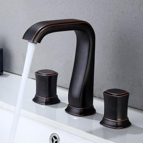 Matte Black Bathtub Faucet Set Swivel 3 Pcs 2 Handles Bathroom Basin Sink Solid Brass Faucet Retro Mixer Tap