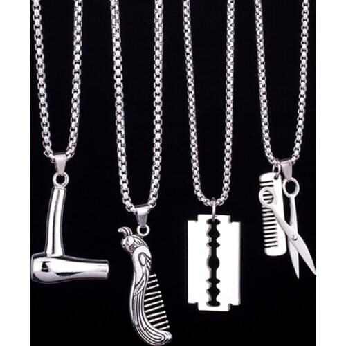 Fashion Scissors Hair Dryer Pendant Necklace For Women Men Silver Color Punk Vintage Blade Comb Barber Long Necklace jewelry New