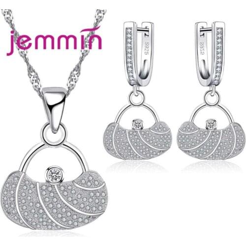 New Design White Women Handbag Crystal Jewelry Sets New Fashion Necklace Earrings Sets 925 Sterling Silver Bijoux