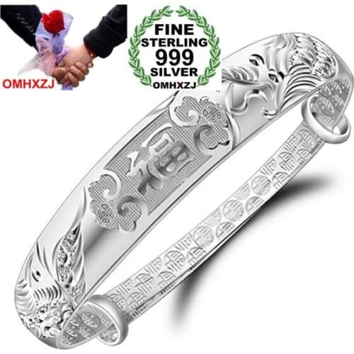 OMH Wholesale jewelry geometric Dragon phoenix woman fashion kpop star adjustable Fine 999 Sterling Silver Bangles SZ06