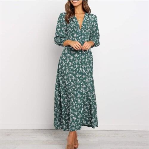 Boho Long Lantren Sleeve Flower Print Women Dress Elegant Summer V Neck Button Vestidos Holiday 2021 Female Floral Maxi Dresses