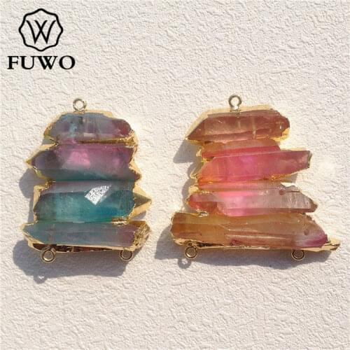 FUWO Aura Crystal Quartz Connector Pendant With Three Loops 24K Gold Electroplated Multicolour Crystal Bar Jewelry Design PD089