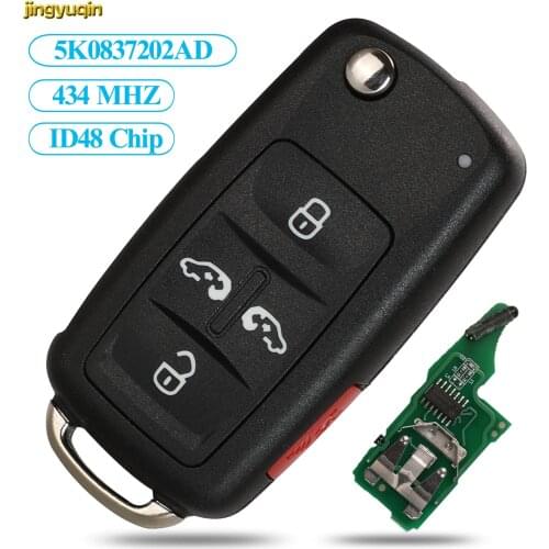 Jingyuqin Flip Remote Car Key Control 434MHZ ID48 For VW Volkswagen Sharan Multivan Caravelle 5K0837202AD 5 Buttons