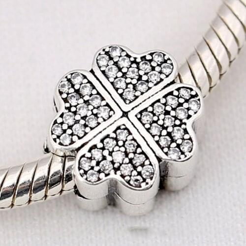 S925 Bead DIY Jewelry Lucky Clover Petals Clear CZ Clip Stopper Charm fit Lady Bracelets Bangle