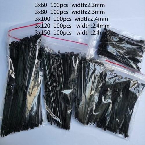 Self-Locking Nylon Cable Ties Set Width 2.3mm X 60/80/100/120/150mm Assorted Black White Plastic Zip Loop Wire Wrap 500pcs