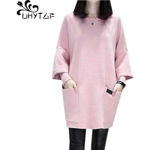UHYTGF Loose 4XL Plus Size Sweatshirt Women Autumn Winter Coat Stitching O Neck Pullover Tops Solid Wild Female Casual Jacket 16