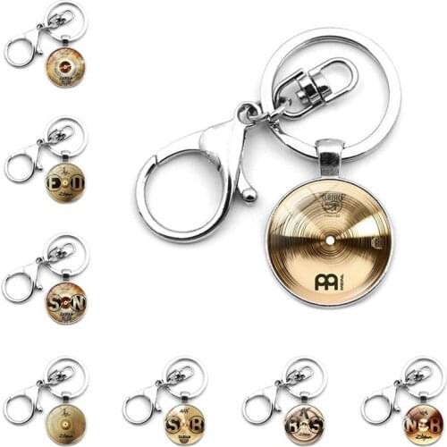 WG 1pc DJ Drummer Drum Set Glass Ball Keychain Keyrings Pendant Metal Cabochon Keyring Lobster Clasp Pendant Jewelry