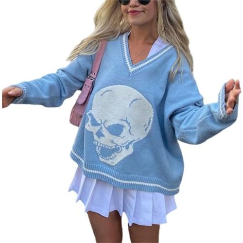 Womens Skull Print Streetwear Loose Long Sleeve V Neck Knitwear Argyle Top Preppy Style Knit Sweater