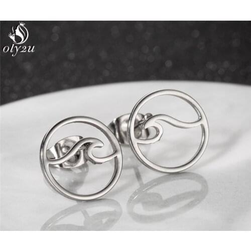 Oly2u Simple Round Earing Retro Wave Earrings for Women Ocean Beach Jewelry Cute Stainless Steel Ear Studs Pendientes Brincos
