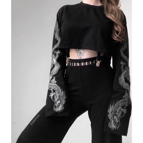 2020 Autumn Dark Dragon Print Round Neck Long Sleeve Sweater Jacket Women Short Casual Top Fashion Clothing for Women