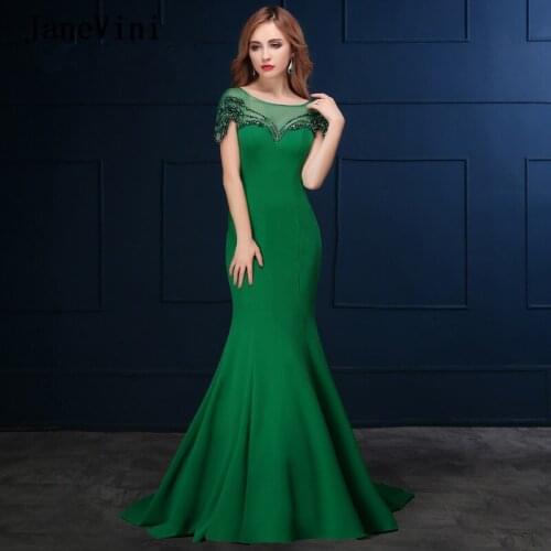 JaneVini Vestidos 2018 Green Mermaid Evening Dresses Sheer Neck Pearls Big Bow Back Formal Satin Mother of Bride Dress Plus Size