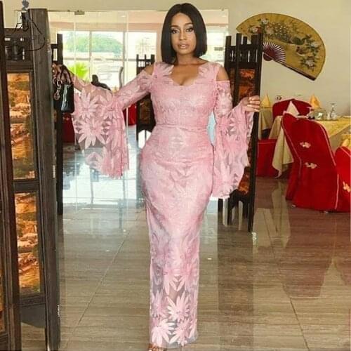 Vintage Pink Lace Sheath Evening Dress 2019 Trumpet Long Sleeve Floor Length Nigerian Prom Dresses Robe de soiree abendkleider