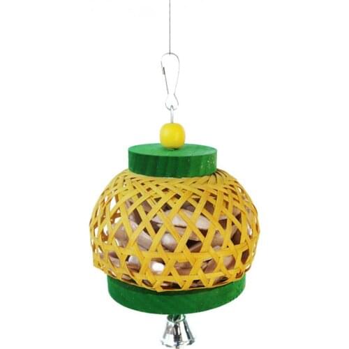 Parrot Chewing Toy Natural Wooden Parrot Cage Toy Bird Foraging Toy With Bell 1pc Bird Favors Home Decoration Pet Supplies