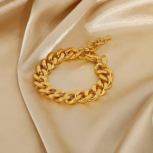 12mm Width Cuban Chain Bracelet Gold Plated Stainless Steel Women Men INS Blogger Same Style Punk Jewelry