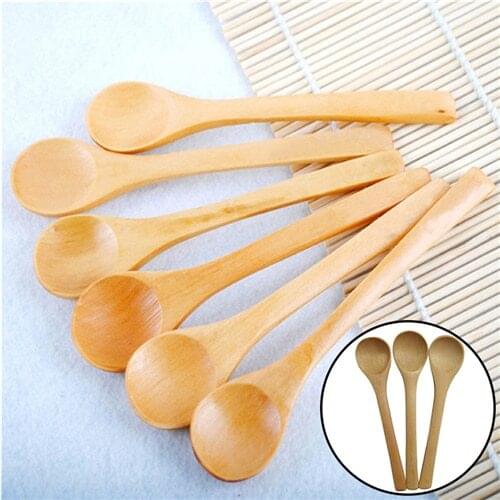 6PCS Wooden Soup Spoon Kitchen Cooking Teaspoons Condiment Utensil Coffee Scoops Kid Ice Cream Sugar Spoon Tableware Tool