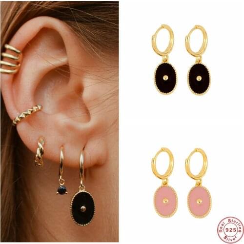 Aide 925 Sterling Silver Pink Black Enamel Oval Pendant Gold Hoop Earrings For Women Small Circle Huggie Earring Party Jewelry